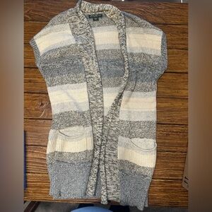 Gray and cream striped sleeveless cardigan sweater